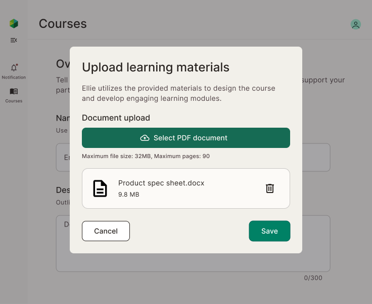 Content upload interface where users can drag and drop documents, with various file types being processed by Ellie's AI system