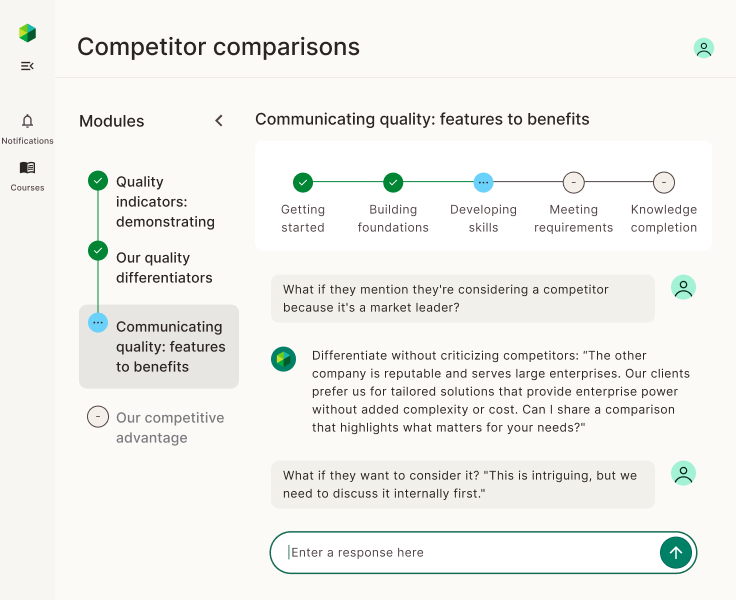 Interactive conversation interface showing a learner engaging with Ellie through natural dialogue, with adaptive responses and real-time understanding assessment